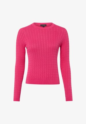 Felroze, lange mouwen, kabelgebreide trui met ronde hals en geribbelde manchetten en zoom.