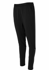 Zwarte sportbroek met een gladde textuur, elastische tailleband, zijzakken, reflecterende accenten en een taps toelopend ontwerp.