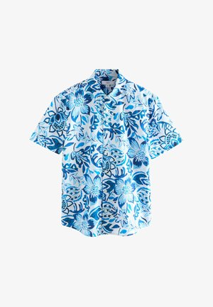 Trumpomis rankovėmis marškiniai mėlynos ir baltos spalvos su gėlių raštu. Pagaminti iš lengvos medžiagos, su sagomis priekyje ir švelnia tekstūra.