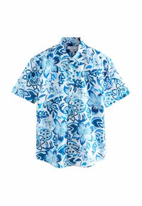 Kurzärmliges Hemd mit Knöpfen im blau-weißen Blumenmuster; aus leichtem Stoff gefertigt, mit einem Kragen und einem lässigen Schnitt.