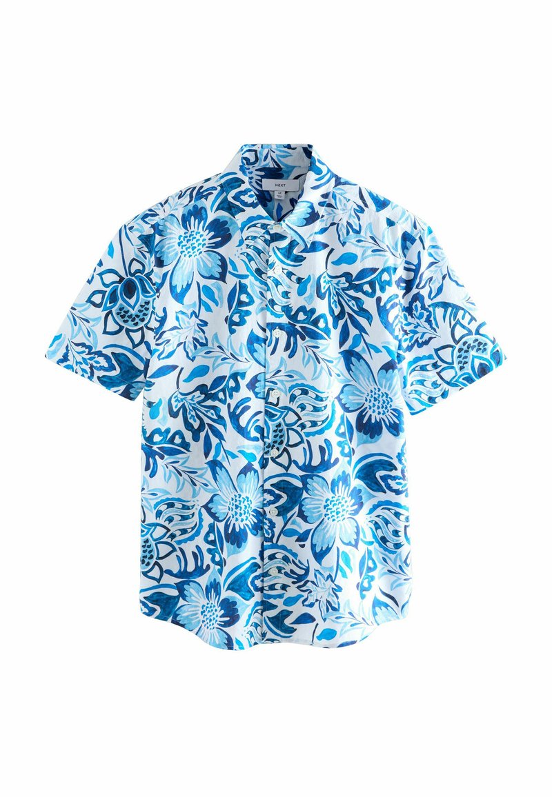 Kurzärmliges Hemd mit Knöpfen im blau-weißen Blumenmuster; aus leichtem Stoff gefertigt, mit einem Kragen und einem lässigen Schnitt.