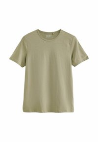 Camiseta de algodón verde oliva con mangas cortas, escote redondo y una textura suave. Presenta un diseño minimalista sin estampados.