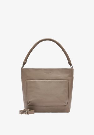 Borsa in pelle color taupe con forma strutturata, dotata di tasca frontale, manico corto e tracolla regolabile.