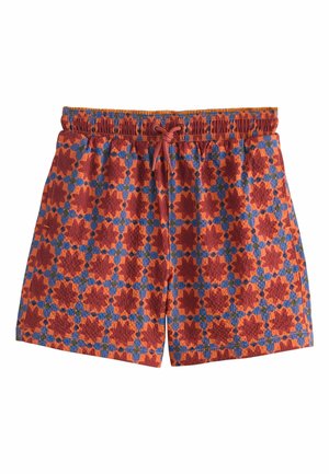 Piros-narancssárga úszónadrág kék geometrikus virágmintával, gumírozott derékrésszel és húzózsinórral. Könnyű, texturált anyag, amely vízhez alkalmas.