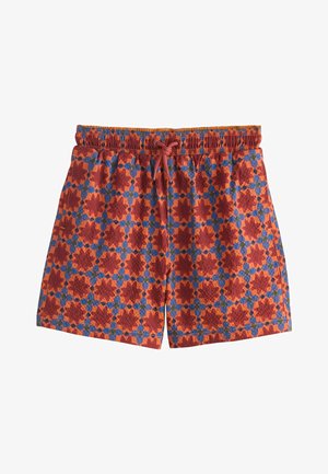 Punakasoranžid ujumispüksid sinise geomeetrilise lillemustriga, elastse vöökohaga ja nööriga. Kerge, tekstuuriga kangas, mis sobib veekeskkonda.