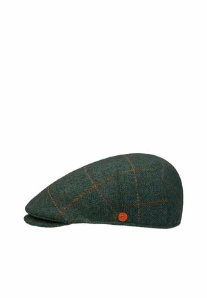 Flat green tweed cap with orange windowpane pattern and small round orange logo badge on the side.