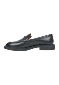 Black leather loafers with a rounded toe, decorative stitching, and a small accent strap. Low rubber heel and smooth finish.