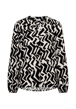 Svart och vit långärmad blus med abstrakt zigzag-mönster, rund hals, knappslå och gathered cuffs. Slät tygfinish.