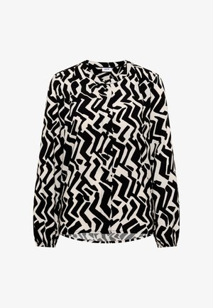 Svart och vit långärmad blus med abstrakt zigzag-mönster, rund hals, knappslå och gathered cuffs. Slät tygfinish.