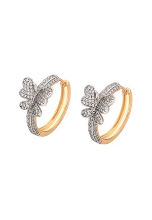 Goudkleurige ringoorbellen met vlinderontwerpen, versierd met heldere cubic zirconia stenen, met een gepolijste afwerking en gekanteelde details.