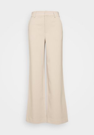Pantaloni beige a gamba larga con una texture liscia, caratterizzati da una vita alta e due tasche frontali. Design pulito con una vestibilità sartoriale.