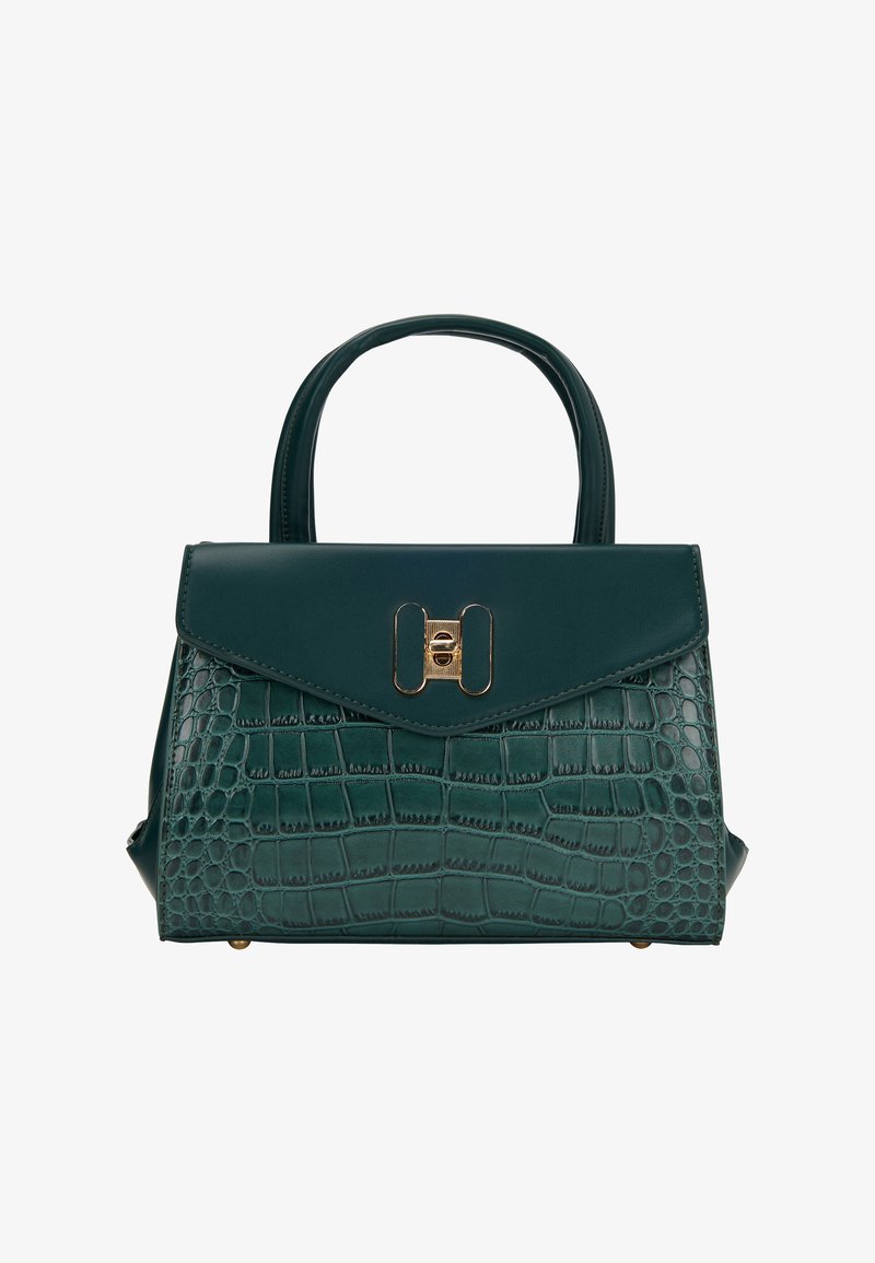 Groene neplederen handtas met een reptielenhuidstructuur, gestructureerde vorm, bovenhandvatten en een goudkleurige sluiting.
