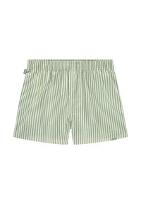 Shorts in cotone a righe verdi e crema con vita elasticizzata e tasche laterali. Presentano righe verticali e un'etichetta con logo sull'orlo.