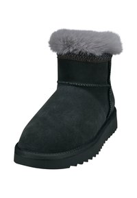 Schwarze Wildleder-Stiefelette mit grauem Kunstfellbund, strukturiertem Obermaterial und Gummisohle mit Zickzackmuster für besseren Halt.