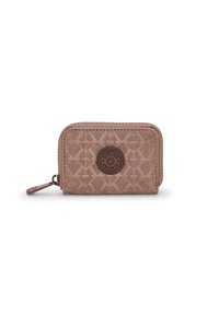 Pink corduroy wallet with a circular logo on the front, zippered closure, and patterned texture. Compact rectangular shape.