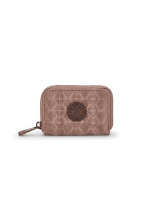Pink corduroy wallet with a circular logo on the front, zippered closure, and patterned texture. Compact rectangular shape.