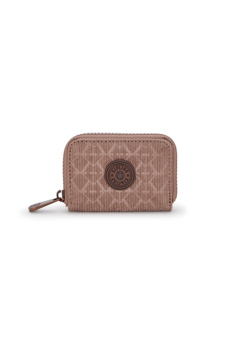 Pink corduroy wallet with a circular logo on the front, zippered closure, and patterned texture. Compact rectangular shape.
