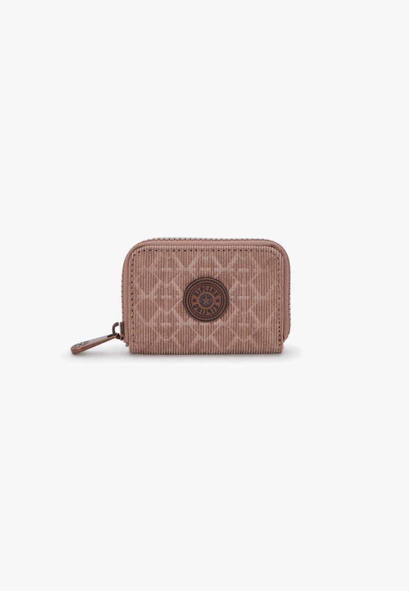 Pink corduroy wallet with a circular logo on the front, zippered closure, and patterned texture. Compact rectangular shape.