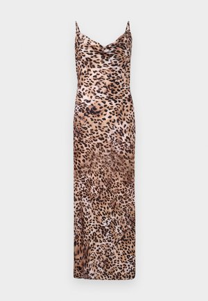 Maxi-jurk met luipaardprint, een kraaglijn, dunne bandjes en een gladde satijnachtige textuur in schakeringen van bruin en beige.