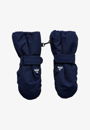 Moufles d'hiver bleu marine avec poignets élastiques, sangles réglables et un détail de logo. Présentent un matériau extérieur lisse et texturé.