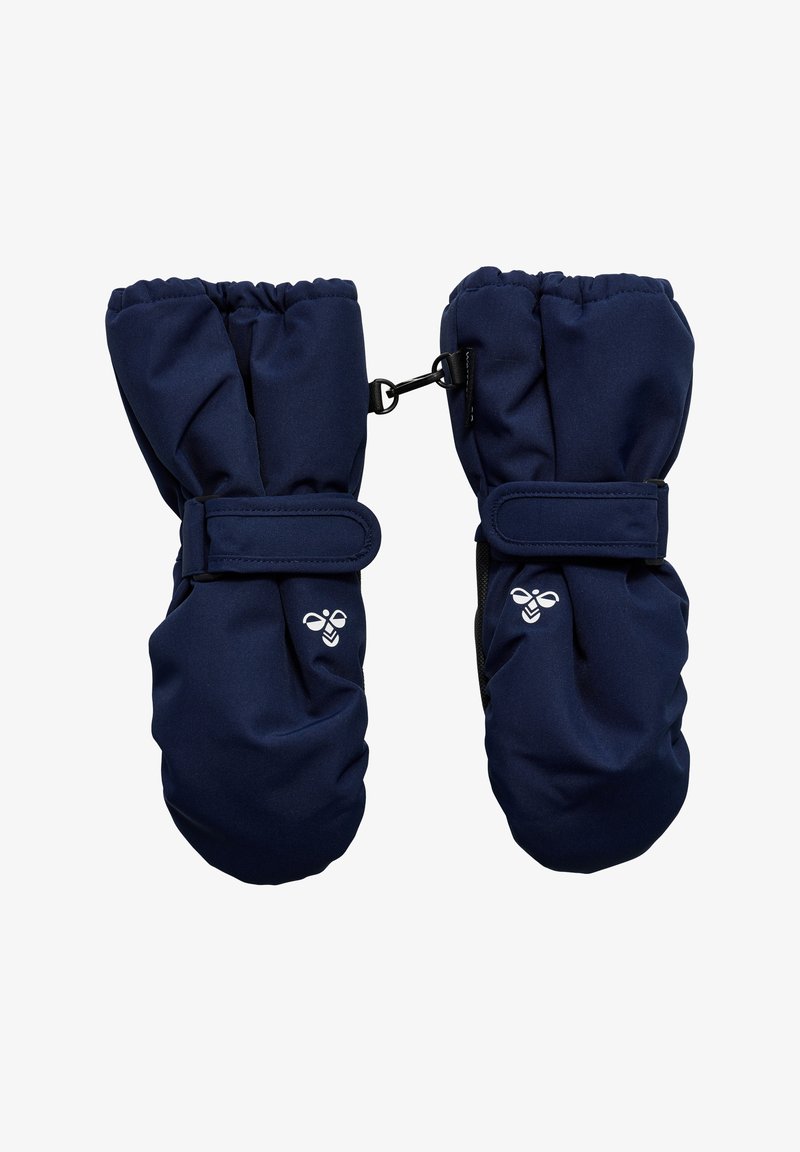 Mörkblå vintervantar med elastiska muddarna, justerbara remmar och en logodetalj. Har ett jämnt, strukturerat yttertyg.