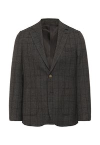 Blazer gris oscuro con un sutil patrón de cuadros, solapas de pico, dos bolsillos frontales y cierre de un solo botón. Forro interior suave.