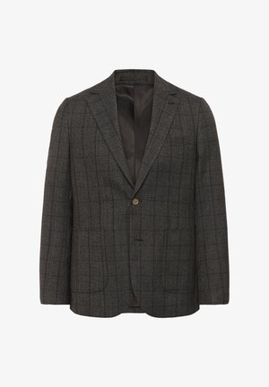 Sötétszürke zakó finom kockás mintával, hajtókás gallérral, két elülső zsebbel és egy gombos záródással. Simaságú bélés.