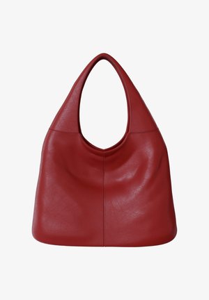 Red leather shoulder bag with rounded triangular shape and wide handle opening, smooth texture and subtle seam details.