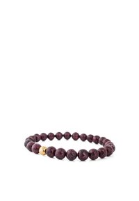Elastic bracelet featuring round, deep burgundy beads with a smooth texture, accented by a small gold bead.