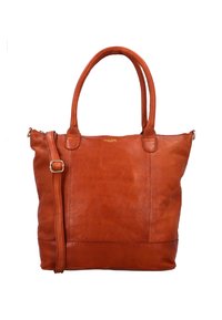 Sac fourre-tout en cuir marron avec double poignée et bandoulière amovible. Il présente une surface texturée et un détail de logo doré.