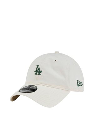 White adjustable baseball cap with dark green "LA" logo on front and New Era logo on side, curved brim with sticker on top.