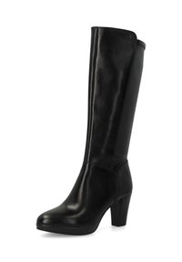 Black leather knee-high boot with a tapered toe, medium block heel, smooth texture, and minimal stitching detail along the sides.