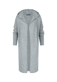 Langer, kapuzen Cardigan in Hellgrau, aus weichem Strickstoff gefertigt. Merkmale sind fallende Schultern, gerippte Bündchen und ein offenes Frontdesign.