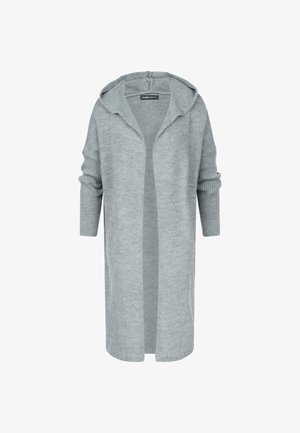 Lange, aangesloten cardigan in lichtgrijs, gemaakt van zacht gebreid stof. Kenmerkt zich door drop shoulders, geribbelde manchetten en een open voorkant.