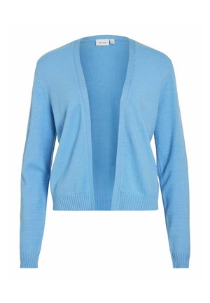 Lyseblå cardigan med åben front, lange ærmer og ribbede manchetter og kant, lavet af blødt strikstof.