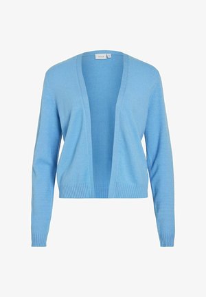 Gaiši zils atvērts kardigans ar garām piedurknēm un ribaina auduma aprocēm un apakšpusi, izgatavots no mīksta adījuma auduma.