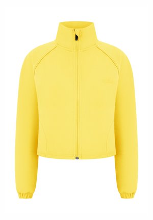 Veste courte jaune à manches longues avec col montant, fermeture éclair devant et poignets élastiques, présentée sur fond blanc.