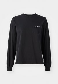 T-shirt noir à manches longues en coton. Caractéristiques : col rond, coupe ample et un petit logo blanc sur la poitrine gauche. Texture douce.