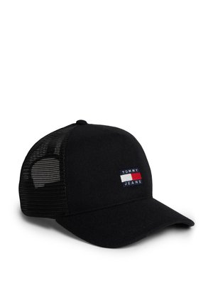 Gorra de béisbol negra con rejilla, visera curva y parche con el logo de Tommy Jeans en rojo, blanco y azul en el panel delantero.