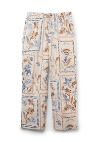Pantaloni da pigiama leggeri di colore crema con un motivo floreale marrone e blu, con vita elastica e vestibilità ampia.