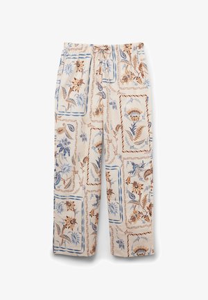 Lekkie, kremowe spodnie do piżamy z kwiatowym wzorem w brązie i niebieskim, z elastycznym pasem i luźnym krojem.