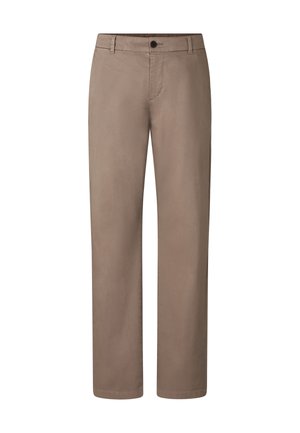 Beige, gerade geschnittene Hose mit glatter Stoffstruktur; verfügt über einen vorderen Knopfverschluss und ein Standard-Design mit fünf Taschen.