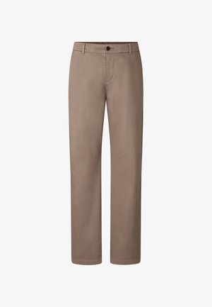 Beige, gerade geschnittene Hose mit glatter Stoffstruktur; verfügt über einen vorderen Knopfverschluss und ein Standard-Design mit fünf Taschen.