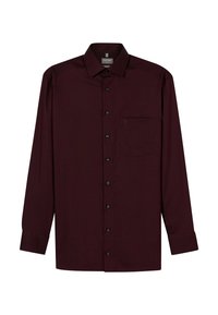 Burgunderfarbendes Langarmhemd mit Button-Down-Kragen, einer Brusttasche und schwarzen Knöpfen. Glatte Textur mit einem subtilen Muster.