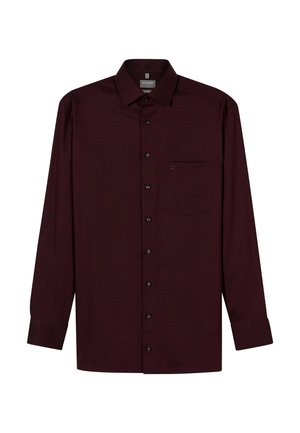 Burgunderfarbendes Langarmhemd mit Button-Down-Kragen, einer Brusttasche und schwarzen Knöpfen. Glatte Textur mit einem subtilen Muster.