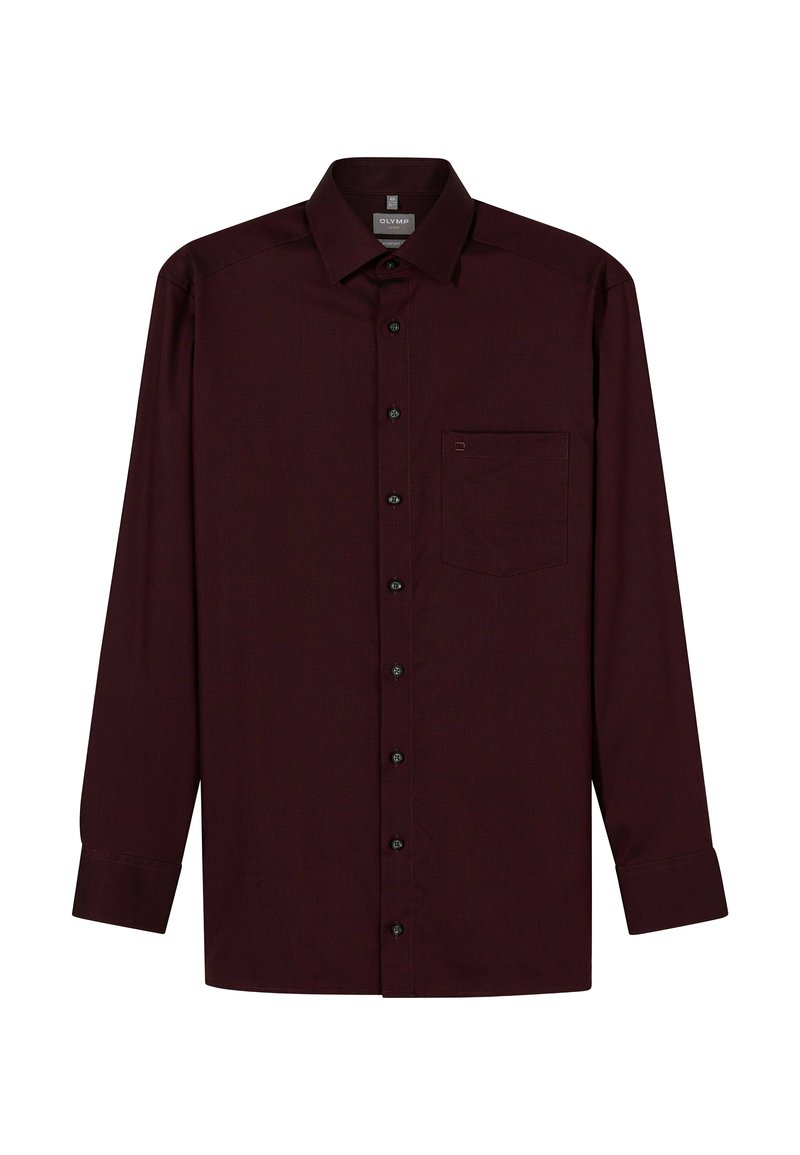 Burgunderfarbendes Langarmhemd mit Button-Down-Kragen, einer Brusttasche und schwarzen Knöpfen. Glatte Textur mit einem subtilen Muster.