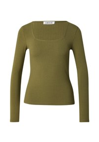 Olivgrünes, geripptes Langarmoberteil mit quadratischem Ausschnitt. Hergestellt aus dehnbarem Material, bietet es eine figurschmeichelnde Silhouette und dezente Nahtakzente.