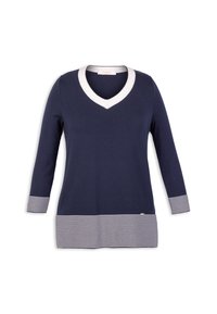 Tunic navy a maniche lunghe con scollo a V e colletto bianco. Presenta polsini e orlo a righe. Realizzato in tessuto morbido con vestibilità comoda.