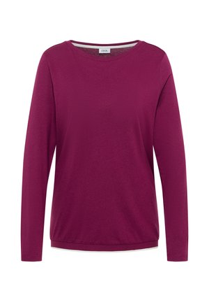 Fioletowy sweter damski z długim rękawem i okrągłym dekoltem, ze prostym dołem i małą metką marki wewnątrz kołnierza.