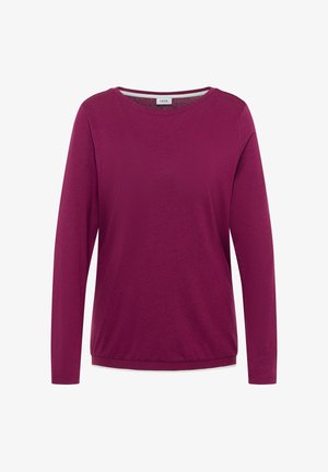Maglione da donna viola a maniche lunghe con scollo tondo, orlo dritto e piccola etichetta del marchio all'interno del collo.
